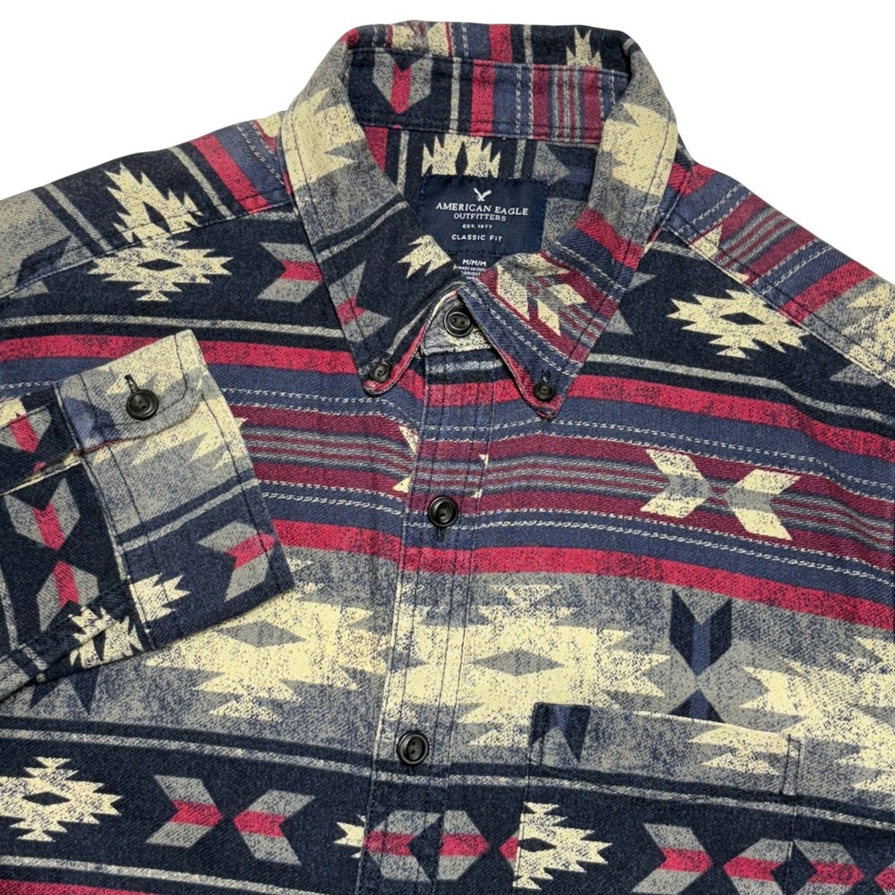 American Eagle Button Down Shirt Mens M Blue Red Aztec Southwestern Flannel Boho